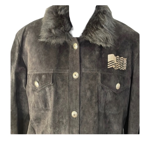 CHAR vintage woman’s black suede jacket Lady Liberty & Flag, fur, 8, EUC - Picture 3 of 12
